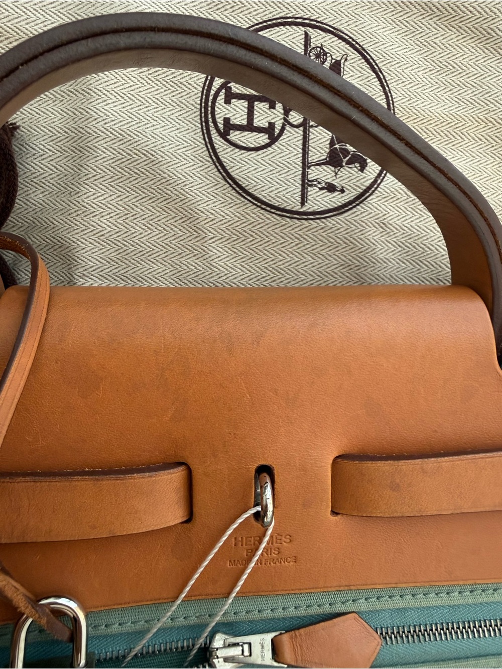 HERMES Herbag Zip 31 Hand Bag Canvas Leather 2way Green Palladium Authentic - Picture 12 of 16